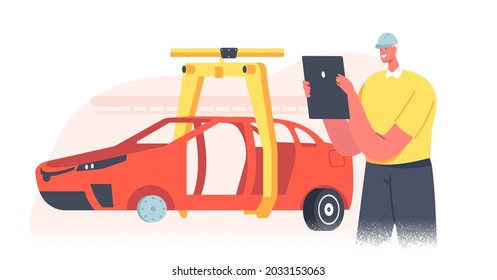 Worker Male Character Manage Process of Automated Car Production. Vehicle Body on Machinery Line with Robotic Hand and Mechanic or Engineer with Tablet Pc Device. Cartoon People Vector Illustration