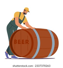 Worker Male Character Wear Uniform Rolls Huge Beer Barrel Using A Combination Of Strength And Balance, Ensuring Smooth Transportation And Delivery Of Beverages. Cartoon People Vector Illustration