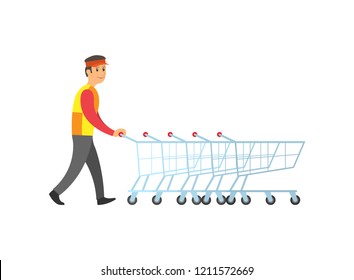 Worker man arranging empty metal shopping trolleys with handles vector. Carts for goods and bought products. Person in shop working on cleaning store