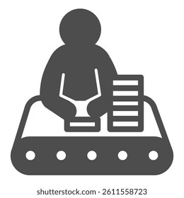 Worker man with boxes at conveyor belt solid icon, pharmacy concept. Vector graphics. Conveyor worker, medicine product sign on white background, glyph style icon for mobile or web design