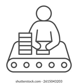 Worker man with boxes at conveyor belt thin line icon, pharmacy concept. Vector graphics. Conveyor worker, medicine product sign on white background, outline style icon for mobile or web design