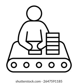 Worker man with boxes at conveyor belt thin line icon, pharmacy concept. Vector graphics. Conveyor worker, medicine product sign on white background, style mobile or design