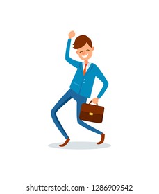 Worker man with briefcase, successful businessman with smile on face vector. Flat style of senior executive, boss with case jumping from happiness