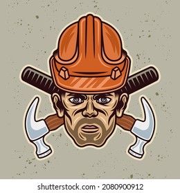 Worker man with bristle ​in hard hat and two crossed hammers vector illustration in colorful cartoon style isolated on light background