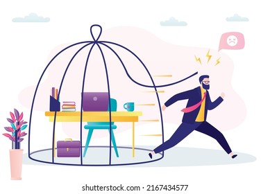 Worker man broke cage and runs away from workplace. Corporate slavery, burnout. Emotional stress from hard work. Unhappy businessman needs a break from work. Frustrated employee. Vector illustration