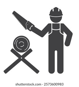 Worker man builder person with handle saw in hand and wood log icon