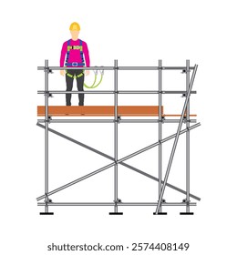 Worker, man of builder stand on the one layer of scaffolding with safety harness.