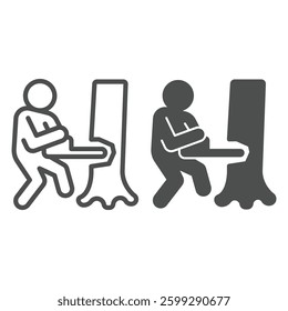 Worker man with chainsaw and tree line and solid icon, forest industry concept. Vector graphics. Woodcutter work, wood sawing sign on white background, outline style icon for mobile or web design