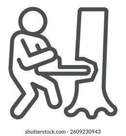 Worker man with chainsaw and tree line icon, forest industry concept. Vector graphics. Woodcutter work, wood sawing sign on white background, outline style icon for mobile or web design