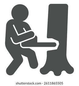 Worker man with chainsaw and tree solid icon, forest industry concept. Vector graphics. Woodcutter work, wood sawing sign on white background, glyph style icon for mobile or web design