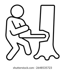 Homem de trabalho com motosserra e ícone de linha fina de árvore, conceito de indústria florestal. Gráficos vetoriais. Trabalho de cortador de madeira, sinal de serra de madeira em fundo branco, estilo móvel ou design