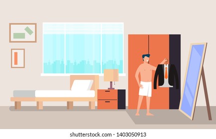 Worker man character trying dress to go work at morning. Vector flat cartoon graphic design illustration