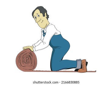 Worker, man cute character crouched on the floor down on his knees unfolding and laying a rug, carpet. Occupation. Cartoon style vector illustration.