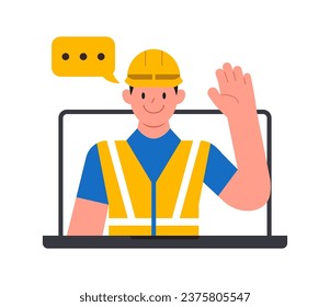 Worker Man do business video call conference, telecommuting, Webinar, using laptop talk to colleagues, online learning and remote working concept, flat vector illustration