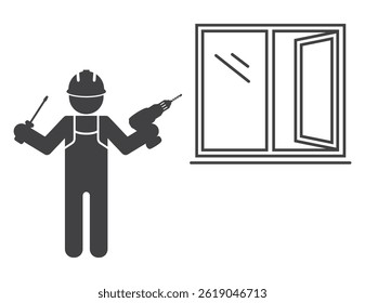 worker man with drill and screwdriver tool repair plastic window icon