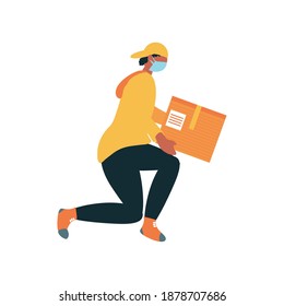 worker man with face mask holding a cardboard box ready to delivery vector illustration