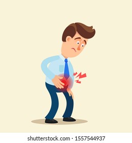Trabajador sintiendo dolor de estómago. Él está doblado en dolor y sostiene su mano sobre el estómago. Cara malsana. Ilustración vectorial, estilo dibujo plano. Fondo aislado.