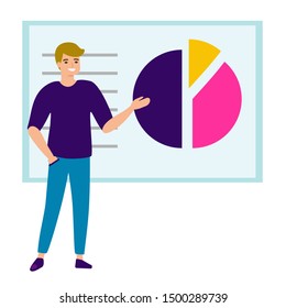 Worker man gives business presentation, showing development diagram. Business strategy, marketing idea. Business success. Vector illustration