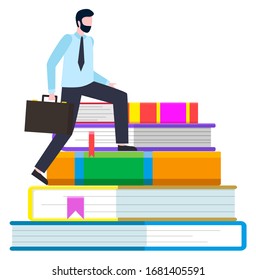 Worker man going up by colorful books. Person in suit holding handbag and standing on education symbol. Employee character learning with notebooks. Businessman on library construction vector