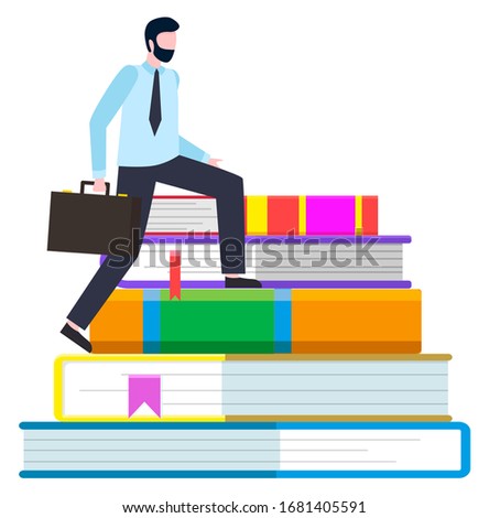 Worker man going up by colorful books. Person in suit holding handbag and standing on education symbol. Employee character learning with notebooks. Businessman on library construction vector
