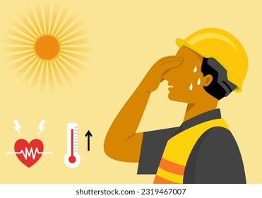 A worker man has heat stroke with heart rate and high temperature symbol, flat vector illustration.