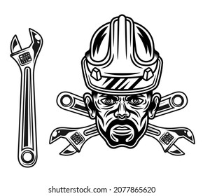 Worker man head in hard hat with adjustable wrench vector objects or design elements in monochrome style isolated on white