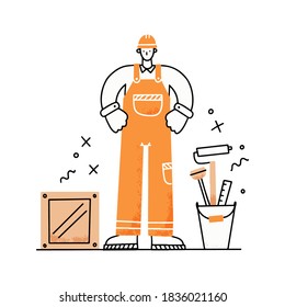 Trabajador con casco, uniforme profesional y herramientas. Ilustración de estilo de moda dibujada a mano. Diseño de concepto laboral.