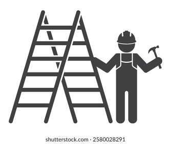 worker man hold ladder stair and hammer tool in hand icon