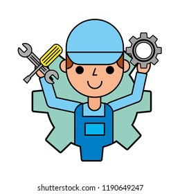 worker man holding gear and tools automotive service