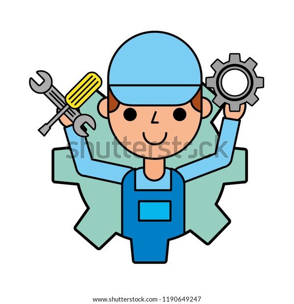 worker man\
holding gear and tools automotive\
service
