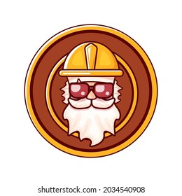 Worker man icon with orange helmet and beard isolated on white background. 1 may Labor day icon or sign with funky man