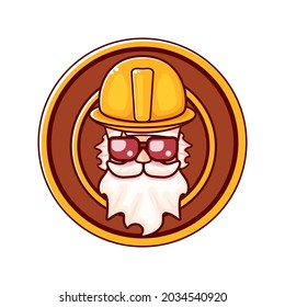 Worker man icon with orange helmet and beard isolated on white background. 1 may Labor day icon or sign with funky man