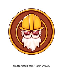 Worker man icon with orange helmet and beard isolated on white background. 1 may Labor day icon or sign with funky man
