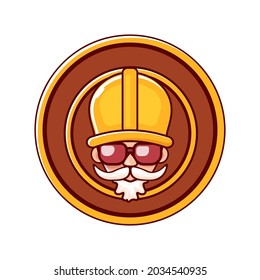 Worker man icon with orange helmet and beard isolated on white background. 1 may Labor day icon or sign with funky man