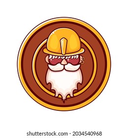 Worker man icon with orange helmet and beard isolated on white background. 1 may Labor day icon or sign with funky man