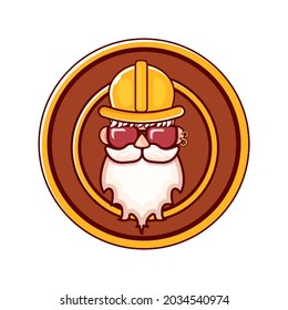 Worker man icon with orange helmet and beard isolated on white background. 1 may Labor day icon or sign with funky man