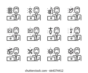 Worker man with laptop outline icon set. Creative work and social media. Modern minimalistic style. Pixel perfect thin line icons design. vector illustration