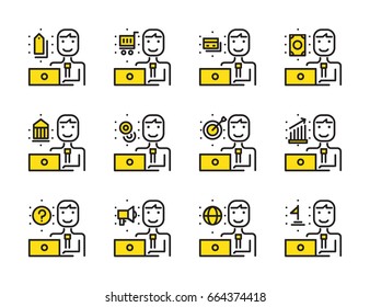 Worker man with laptop outline icon set. Online Marketing, shopping online, Banking online concept. Modern minimalistic style. Pixel perfect thin line icons design. vector illustration