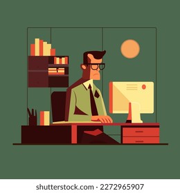 worker man on computer flat illustration