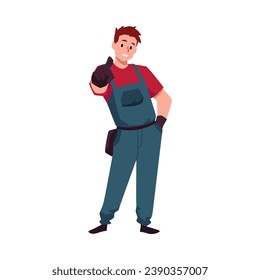 Worker man in overalls pointing hand forefinger forward. Person makes a gesture paying attention, presenting, indicating, advertising, direction. Flat vector illustration isolated on white