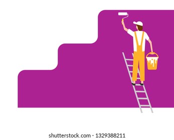 Worker man paints wall. Vector illustration. Eps