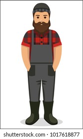 worker man in plaid shirt and jumpsuit flat icon - a man with a moustache, beard  wearing in worker jumpsuit, plaid shirt, rubber boots and knit hat. Template for card, poster, banner, web-design