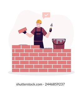 Worker man puts brick wall. Mason holds brick and build wall. Isolated professional employee building modern house, hands work. Construction worker in uniform and helmet doing work. flat vector