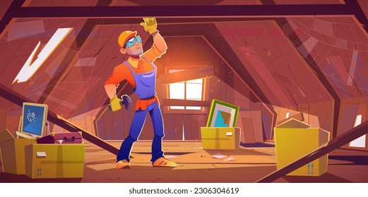 Worker man repair abandoned home attic vector cartoon illustration. Happy repairman fix home building roof in cap. Character help broken apartment with window and boxes. Technician builder with hammer