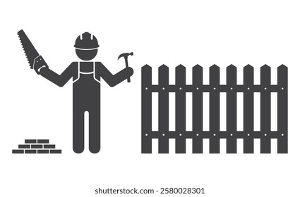 worker man with saw and hammer tool in hand build wood fence icon