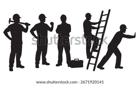 Worker man silhouette collection for Labour Day. Construction and professional poses vector set.Vector illustration