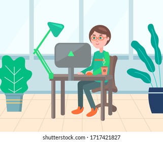 Worker man sitting at desktop and using computer, work with monitor of pc on workplace. Office decorated by houseplant, employee working with device vector