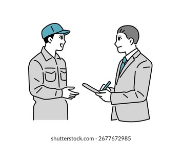 Un trabajador y un hombre en un traje teniendo una conversación