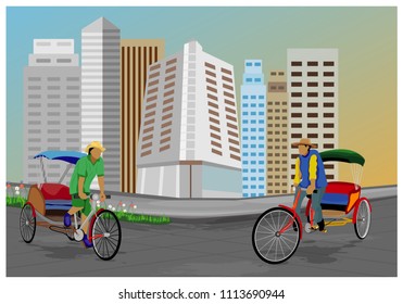 worker man with three wheel bicycle in the city town vector design