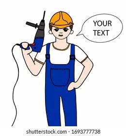 Worker man in uniform with a drill on a white background